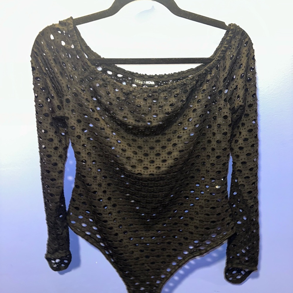 Black Off-Shoulder Mesh Bodysuit and Leggings - Picture 3 of 8